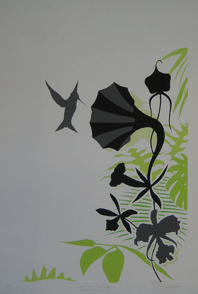 hummingbirds hover around a phonograph