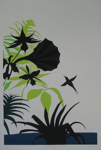 hummingbirds hover around a phonograph